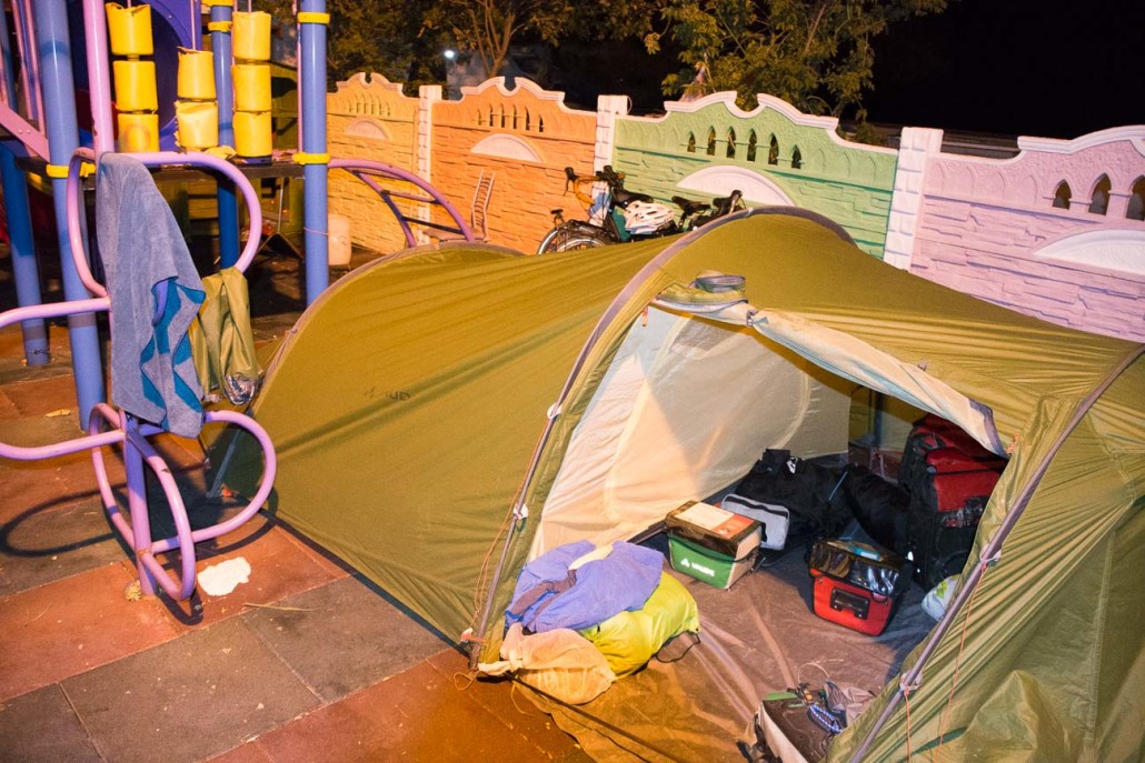 We were shattered, so could have slept anywhere. Just as well because the friendly staff at a service station east of Karahamzalı, Turkey, showed us the place to pitch our tent: a children's play area!