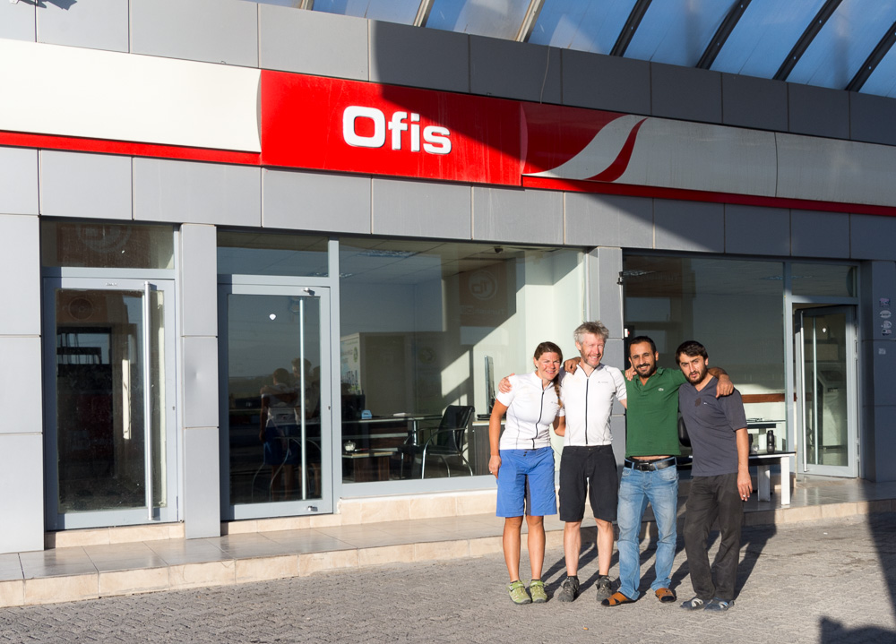 Saying bye to our new Kurdish friends who hosted us in their petrol station