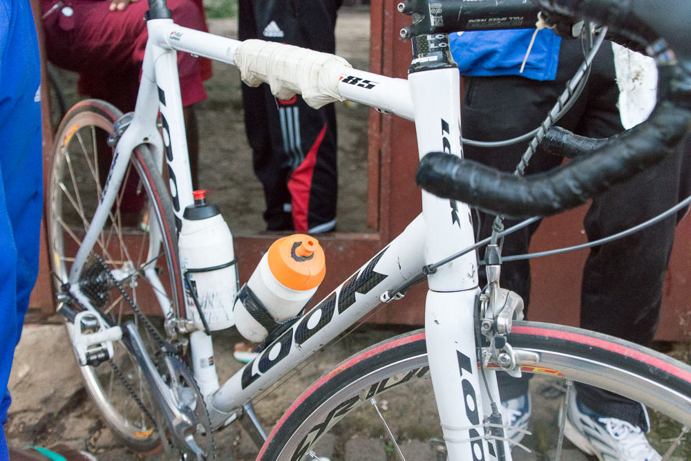 An old carbon frame is taped up to keep it going