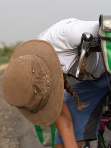 Sadly a familiar sight: Emily slumped over her handlebars