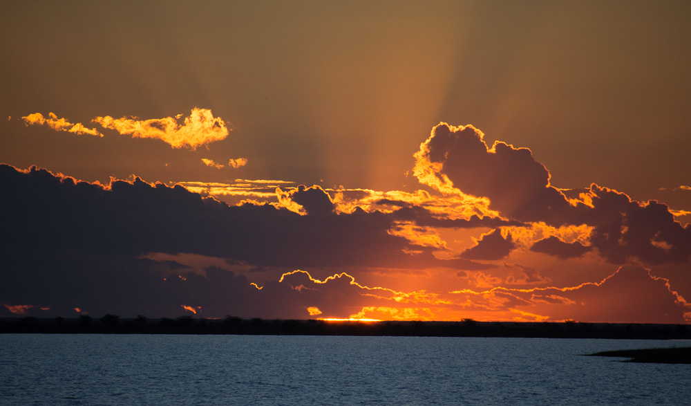 The sun sets over the Makgadikgadi Pan - which was flooded on our visit