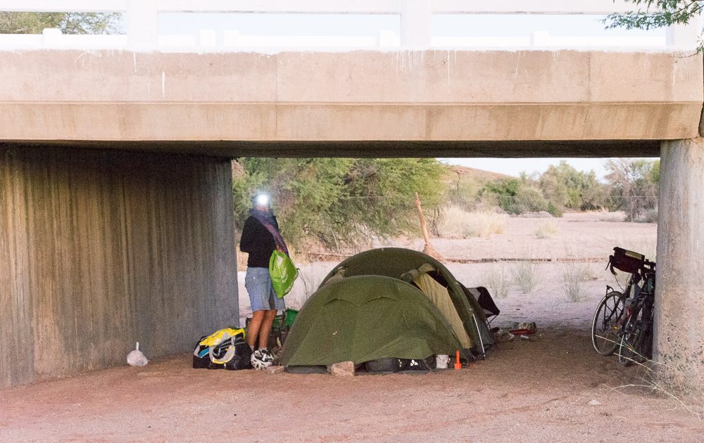 Camping under a bridge on the B1 road in Namibia
